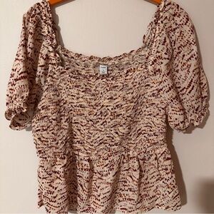 Old Navy Red and Cream Puff Sleeve Peplum Blouse Medium Boho Summer Spring‎
